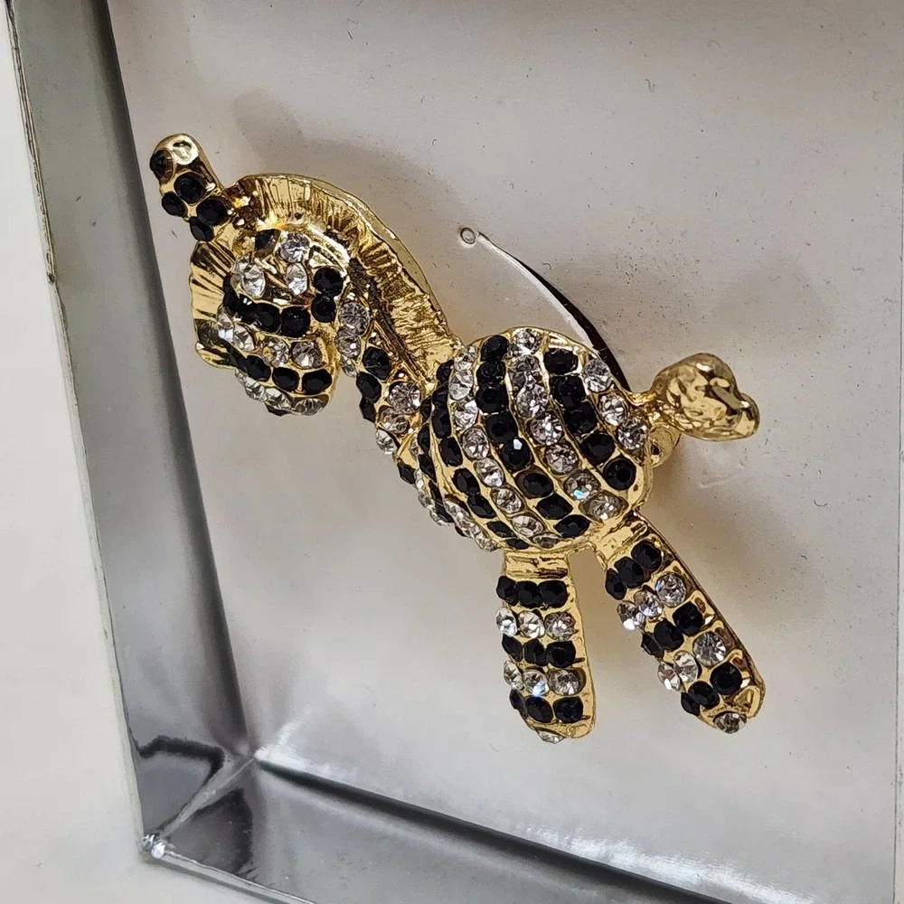 Zebra Black Clear Crystal Rhinestone Zebra Brooch Pin Gold Tone Animal Figural